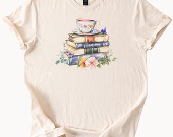 Floral Tea Cup and Books Graphic T Shirt Book Lover Reading Shirt Literary Flowers Tee Cozy Bookish Gift for Readers Aesthetic Top