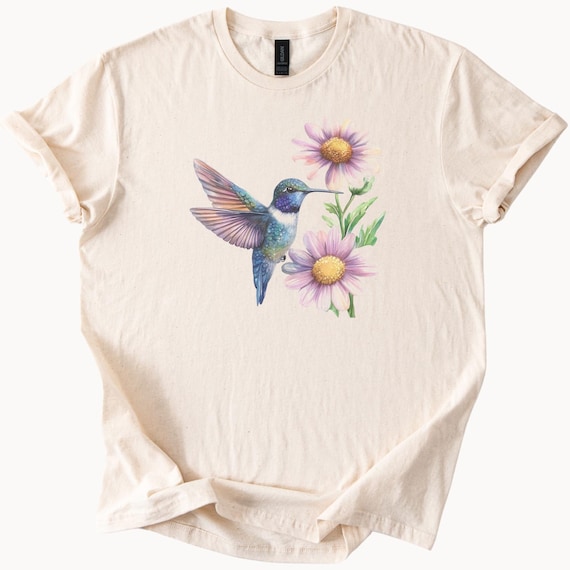 ハチドリTシャツ 花柄グラフィックTシャツ 鳥好きへのギフト 自然を