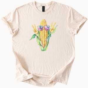Cool Corn Graphic Tee Shirt with Sunglasses and Peace Sign Hands Fun Summer Food Art Trendy Casual Corn on the Cob T Shirt