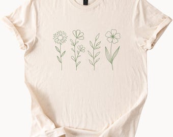 Camiseta con estampado floral de flores silvestres, camiseta botánica minimalista con estampado floral, regalo para amantes de la naturaleza y las plantas.