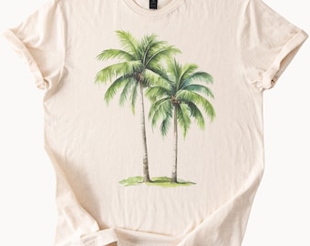 Palmboom grafisch T-shirt twee tropische kokospalm eiland shirt strand natuur kunst zomer vakantie esthetiek zacht katoenen T-shirt