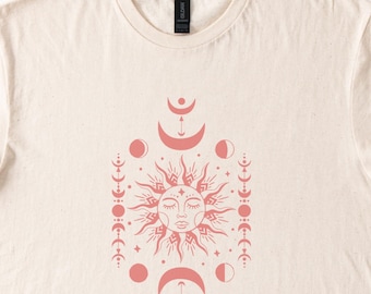 Camiseta com estampa de fases do Sol e da Lua Celestial, camiseta Boho Witchy Graphic, cor bege