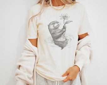 Otter with Water Lily Ink Drawing Tee