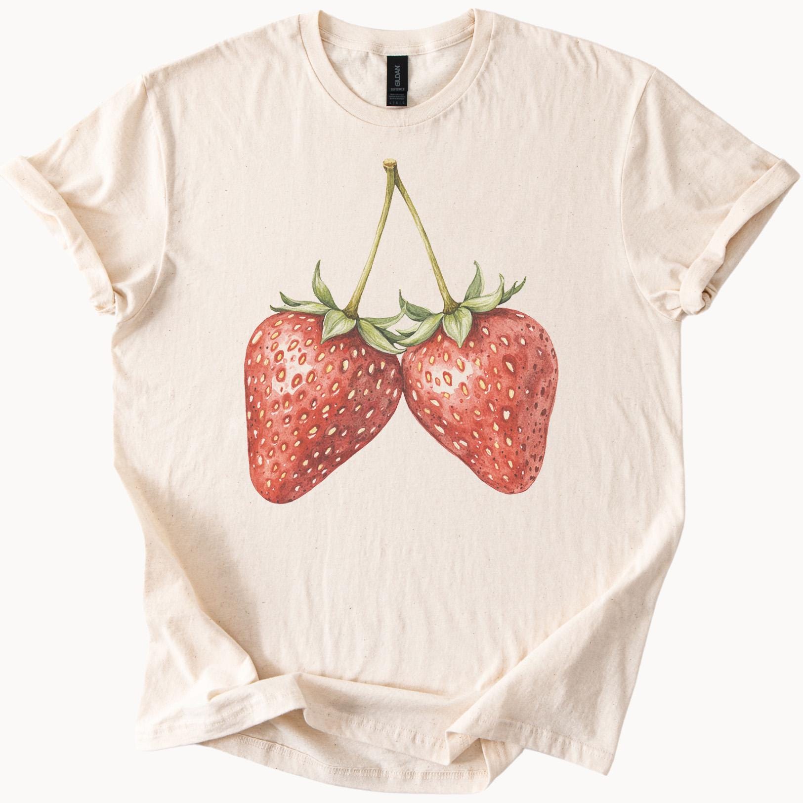 Strawberry Twin Fruit Graphic T Shirt Hand Drawn Botanical Double
