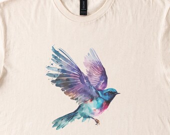 T-shirt aquarelle motif oiseau beige naturel en coton, haut graphique artistique, cadeau idéal pour les amoureux de la nature