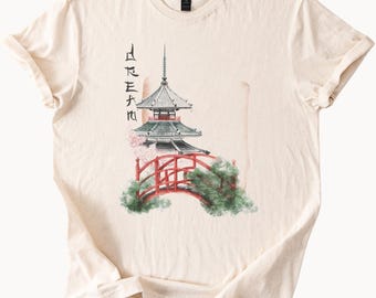 Japanese Pagoda and Red Bridge Watercolor Dream Graphic T Shirt Asian Temple Art Nature Aesthetic Tee Japan Inspired Shirt Design