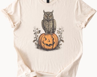 Halloween Owl on Pumpkin Jack O Lantern Graphic Shirt Fall Autumn Spooky Owl T Shirt Halloween Party Animal Lover Tee Shirt