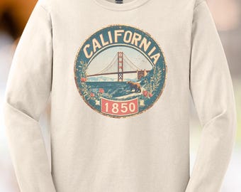 California 1850 Graphic Shirt Golden Gate Bridge Bear Art California State Flower Graphic Apparel Long Sleeve California Shirt