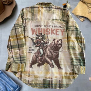 Cowgirl whiskey graphic flannel shirt boho aesthetic bleached flannel western shirt unique handmade festival shirt country flannel