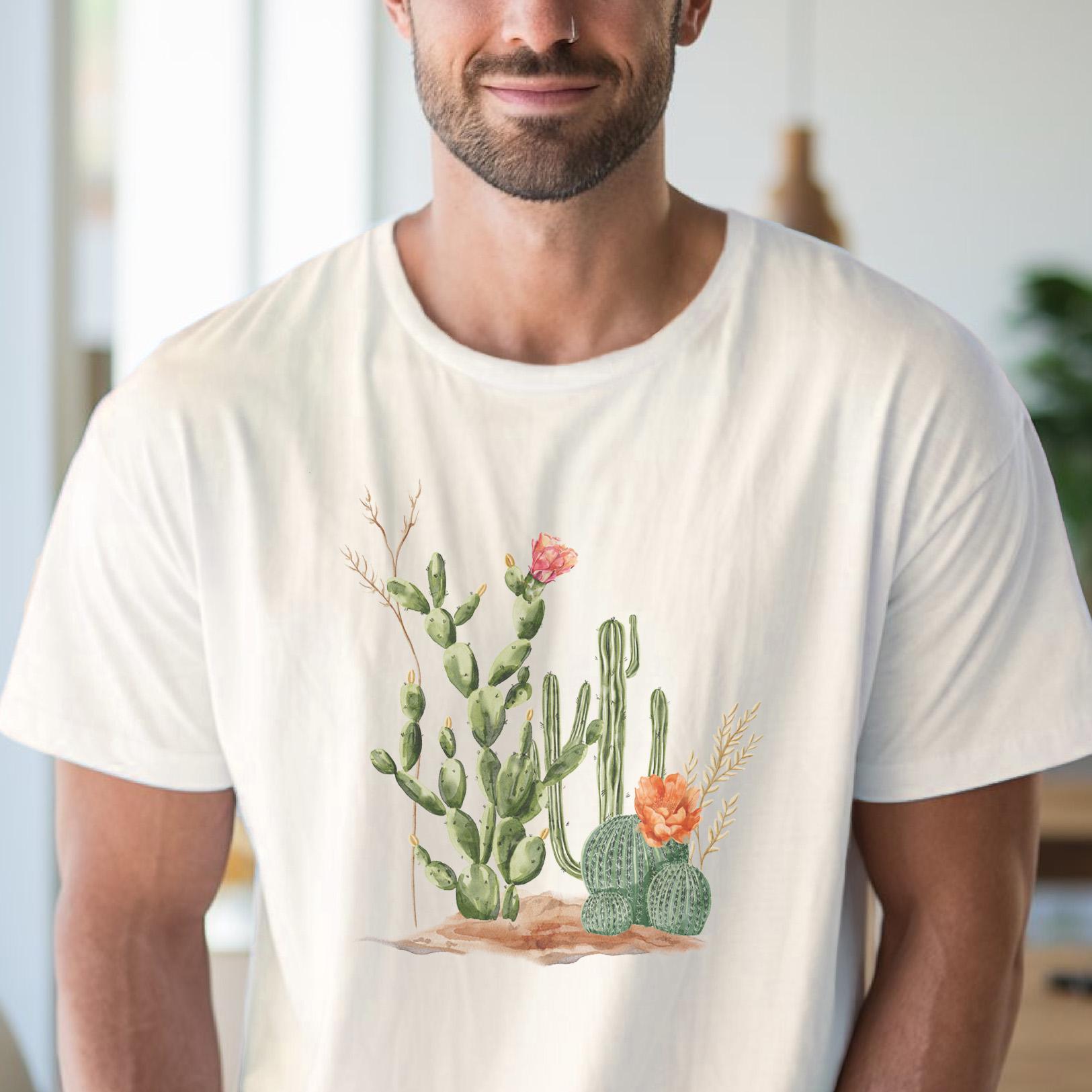 砂漠のサボテンガーデンと花が咲くグラフィックTシャツ、南西部の多肉 