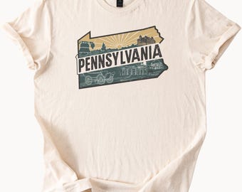 Pennsylvania State Outline Graphic T Shirt with Landmarks and Historical Icons Unique Pennsylvania Map Design Tee for Pennsylvania Lovers