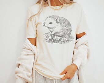 Hedgehog on Flowers Fine Line Art Tee
