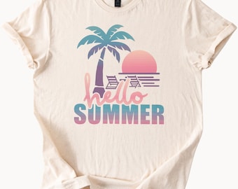 Hello Summer Palm Tree Sunset Beach Graphic T Shirt Tropical Sunset Summer Shirt Relaxed Beach Shirt Aesthetic Vacation Tee Shirt