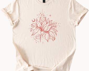 Himmlische Lotus Blume T-Shirt Boho Mond Grafik T-Shirt spirituelles Yoga Shirt