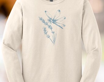 Camiseta con estampado floral de libélula, azul, manga larga, diseño botánico único, ideal para primavera y verano. Blusa moderna con estampado floral.