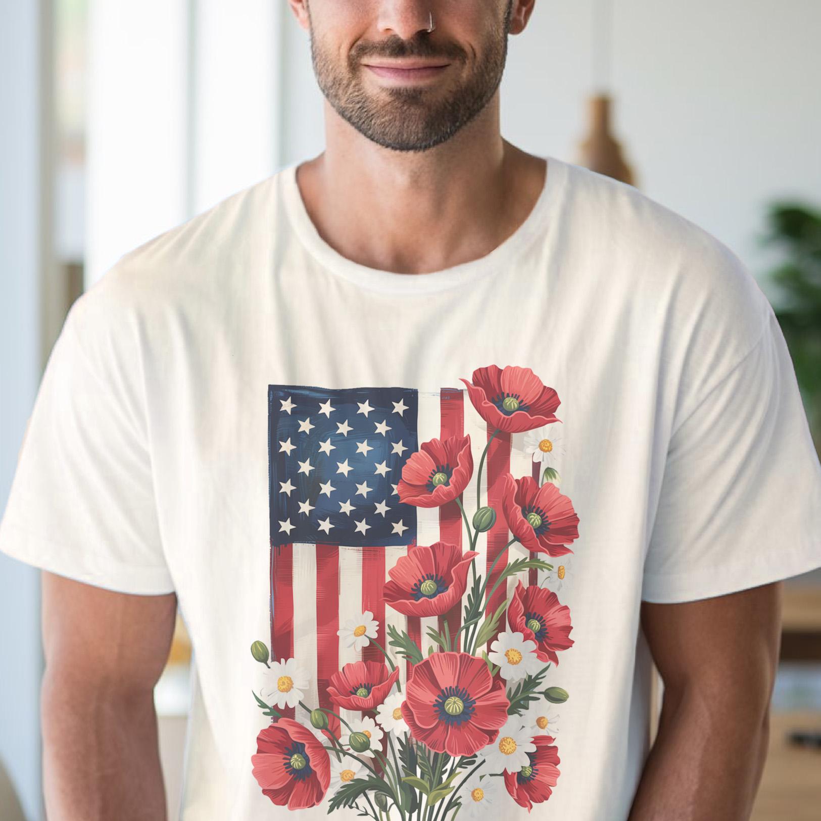 American Flag Poppy Flower Graphic Tee Patriotic Wildflower Shirt