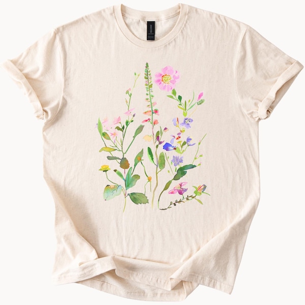 Wildflower Botanical Garden Watercolor Art Graphic T Shirt Floral Nature Plant Lover Tee Wild Flowers Meadow Shirt