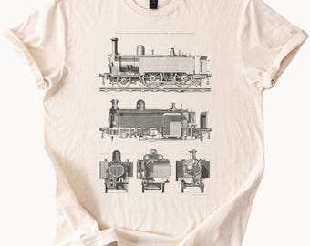 Camiseta con plano de locomotora de vapor, dibujo mecánico de tren, ilustración de motor de ferrocarril, diagrama de locomotora, camiseta con motor de vapor