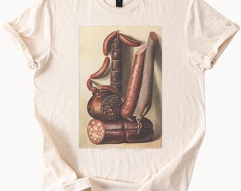 Artistic Sausage Meat Illustration Graphic T Shirt Realistic Deli Meats Food Lovers Shirt Funny Gourmet Butcher Tee Unique Design Apparel