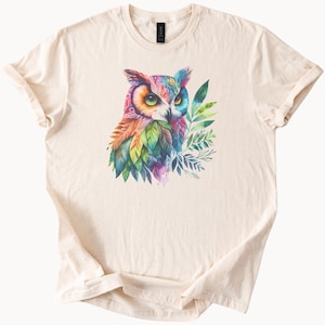 Colorful Owl Art Tee with Rainbow Leaves and Forest Foliage Graphic Nature Bird Shirt Wildlife Illustration TShirt for Animal Lovers