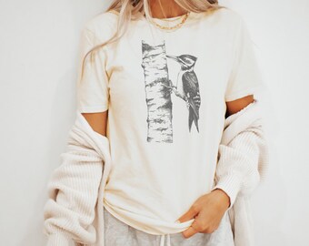 Woodpecker on Birch Tree Ink Drawing Shirt