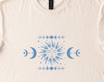 Camiseta estampada com fases da lua e sol celestial, camiseta boho bruxa, presente, cor bege