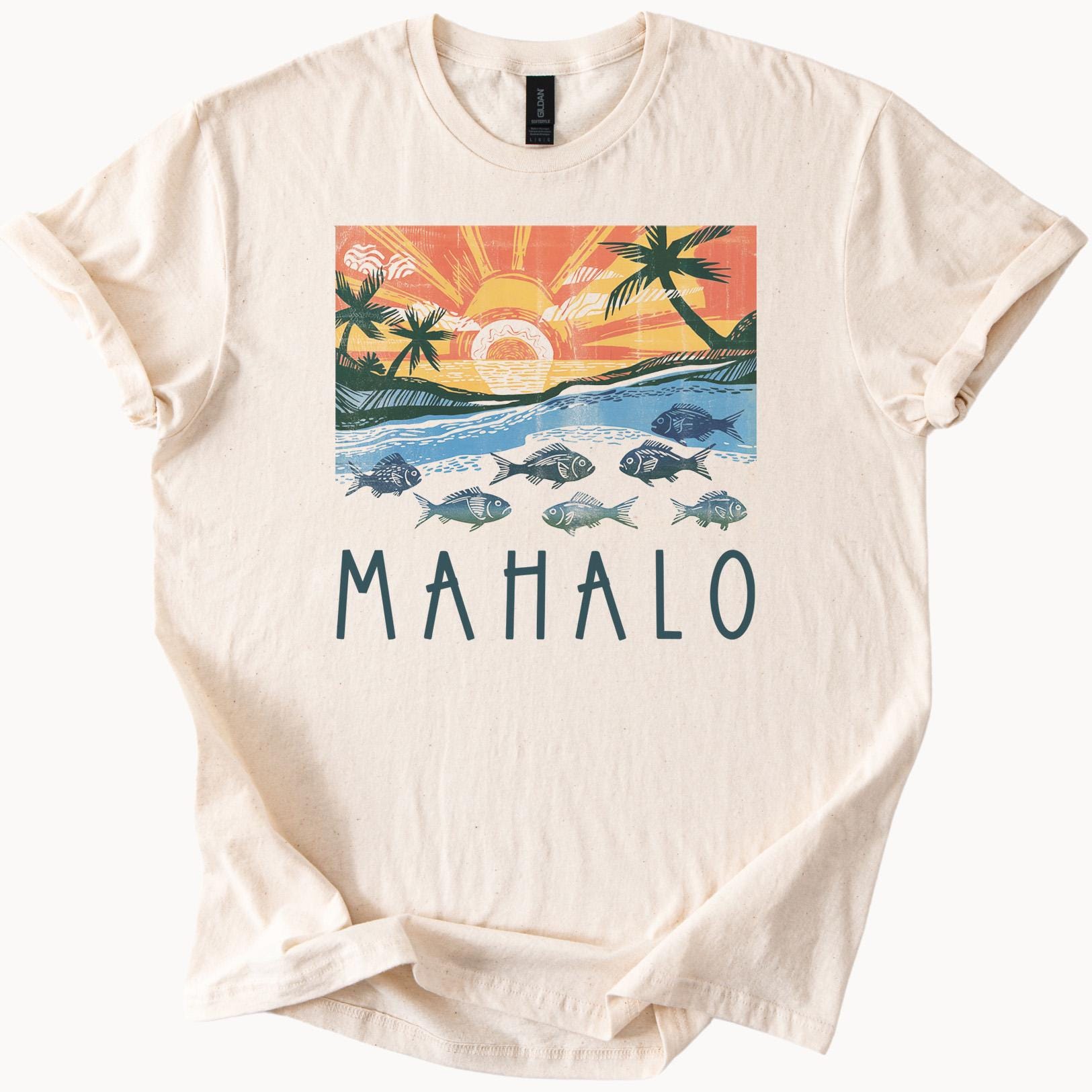 Tropical Sunset Fish Mahalo TShirt Beach Ocean Palm Tree Tee Vacation Shirt