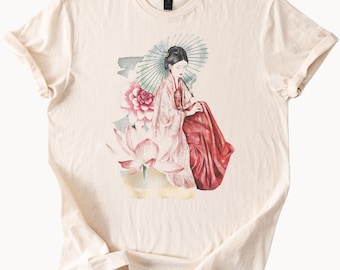 Japanese Woman in Kimono with Lotus Flowers and Parasol Soft Boho Aesthetic Asian Inspired Graphic TShirt for Art Lovers
