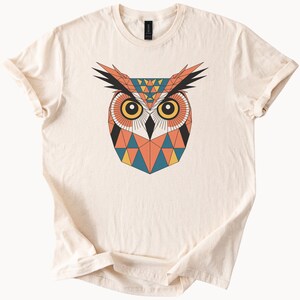 Geometric Owl T Shirt Colorful Bird Graphic Tee Boho Style Top Nature Lover Gift Unique Design Clothing