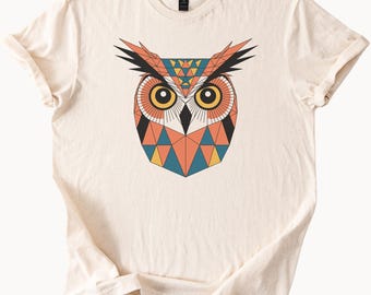Camiseta geométrica de búho con gráfico de pájaro colorido, estilo bohemio, regalo para amantes de la naturaleza, ropa de diseño único