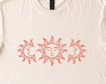 Camiseta estampada com estampa de sol e lua celestial, estilo boho e bruxa