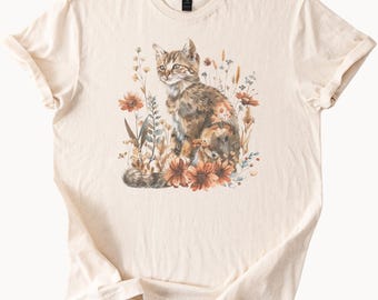 Floral Cat Graphic T Shirt Cute Tabby Kitten Surrounded by Wildflowers Fall Animal Art Tee Nature Aesthetic Boho Style Shirt