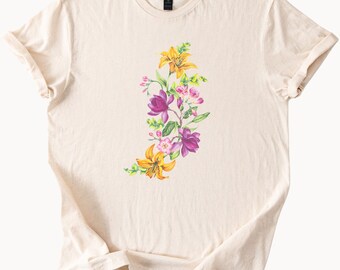 Camiseta con estampado floral de lirio y magnolia, camisa con flores botánicas