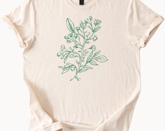 Camiseta con arte de línea botánica, camiseta con contorno floral, camiseta minimalista con plantas, regalo para amantes de la naturaleza, camiseta gráfica con vegetación
