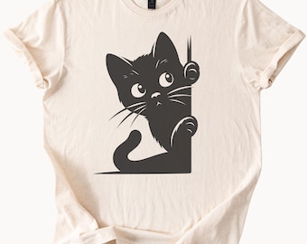 Cute Black Cat Peeking Around Corner Graphic Tee Playful Cartoon Kitten Shirt Funny Animal Art Unisex Casual Cat Lover T Shirt