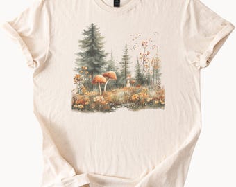 Forest Mushroom Graphic T Shirt Woodland Fox Nature Scene Fall Aesthetic Tee Botanical Art Soft Neutral Shirt Cute Animal Forest Top
