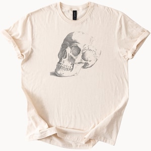解剖学的頭蓋骨のイラストグラフィックTシャツ、人間の頭の描画シャツ、ハロウィンアート解剖学Tシャツ、ソフトクリームゴシックアパレル