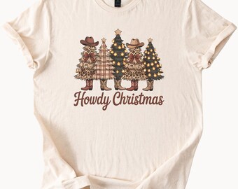 Howdy Christmas Western Cowboy Tree Shirt Cute Holiday Graphic Tee Christmas Lights Cowgirl Boots Country Christmas Shirt
