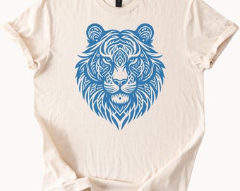 Tribal blue tiger face graphic on natural beige shirt bold geometric animal art design spiritual jungle style unisex cotton tee shirt