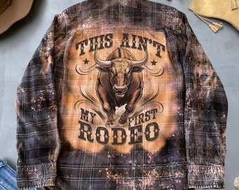 Western Grafik Flanellhemd Boho ästhetisches gebleichtes Flanellhemd einzigartiges Cowboy Festivalhemd Land Flanell handgemachtes Hemd