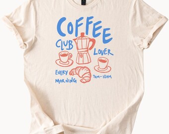 Coffee Lover Tee, Moka Pot Croissant Graphic Shirt, Casual Summer Outfit, Gift for Coffee Lovers