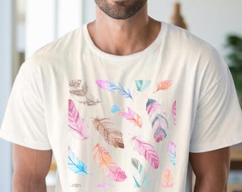 Colorful Feather Graphic T Shirt Watercolor Boho Feather Tee