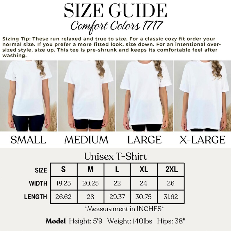 Puede incluir: Camisetas unisex blancas, tallas S a 2XL, con una gu&iacute;a de tallas. La gu&iacute;a incluye medidas en pulgadas para el ancho y el largo. El texto de la imagen dice "Comfort Colors 1717" y "Unisex T-Shirt".