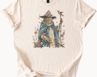 Frog Wizard T Shirt Natural Cotton Cottagecore Toadcore Graphic Tee Whimsical Animal Shirt