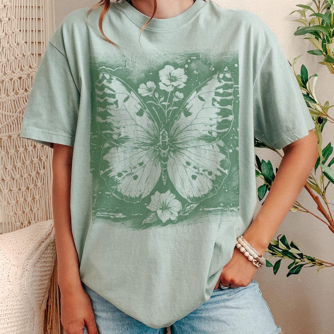 Butterfly Floral Linocut T-shirt, Botanical Art Unisex Tee Comfort ...
