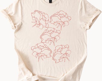 Floral Outline Graphic T Shirt Minimalist Flower Line Art Drawing Unique Artistic Tee for Women Men
