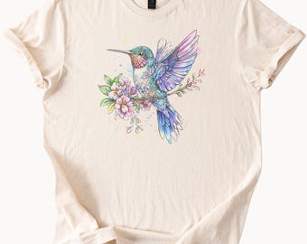 Colorful hummingbird with floral branch pastel watercolor art graphic t shirt nature bird tee shirt aesthetic spring garden design