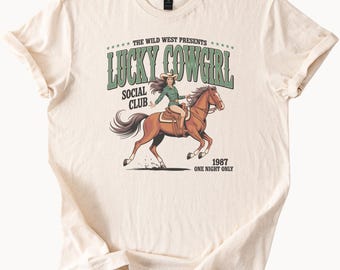 Maglietta grafica Lucky Cowgirl Social Club, maglietta da equitazione stile Wild West Rodeo, maglietta estetica retrò in stile western country da cowgirl