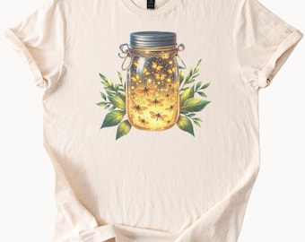 Fireflies in Mason Jar Graphic T Shirt Nature Insect Glow Bug Tee Botanical Summer Nightlight Shirt Unique Gift for Outdoor Lovers