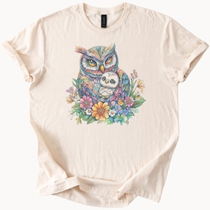 Colorful Owl and Floral Graphic T Shirt Boho Artistic Owl Surrounded by Wildflowers Nature Animal Lover Gift Shirt for Women or Men